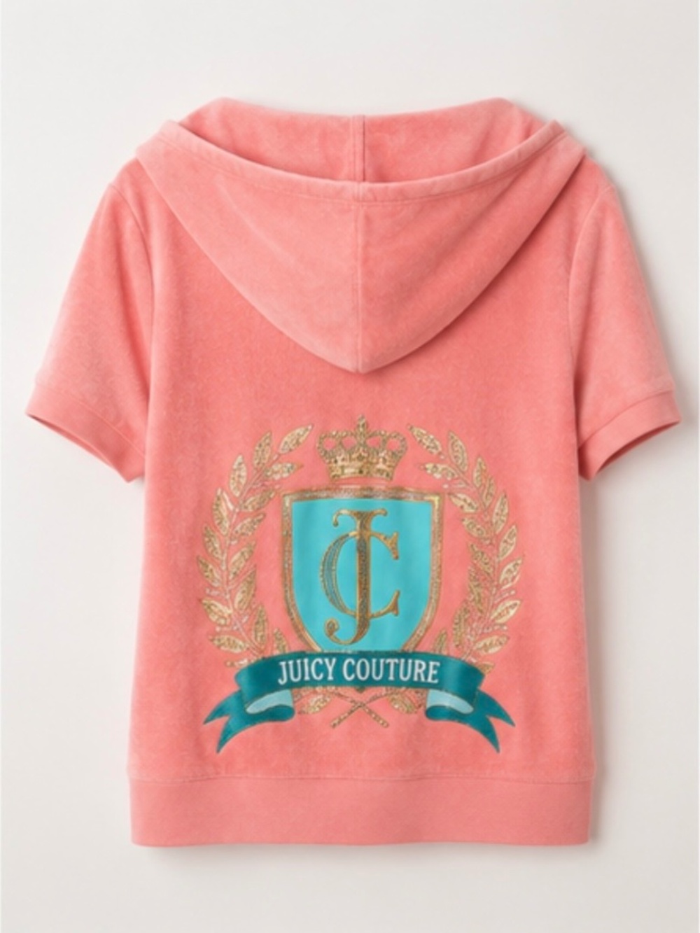Juicy Couture Pink Velour Zip Hoodie XL Rhinestone Crest Short Sleeve Y2K